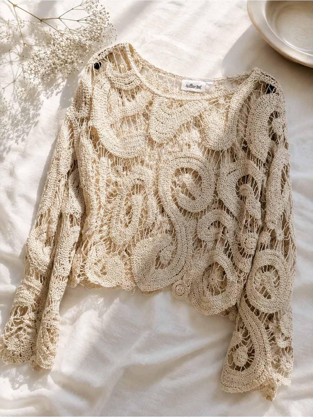 Allison Brittney Cream Crochet Openwork Pullover beach size large